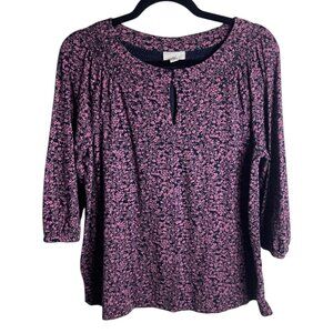 J Jill Size S Ditzy Floral Blouse Top 3/4 Sleeves Navy Blue Pink Causal KeyHole